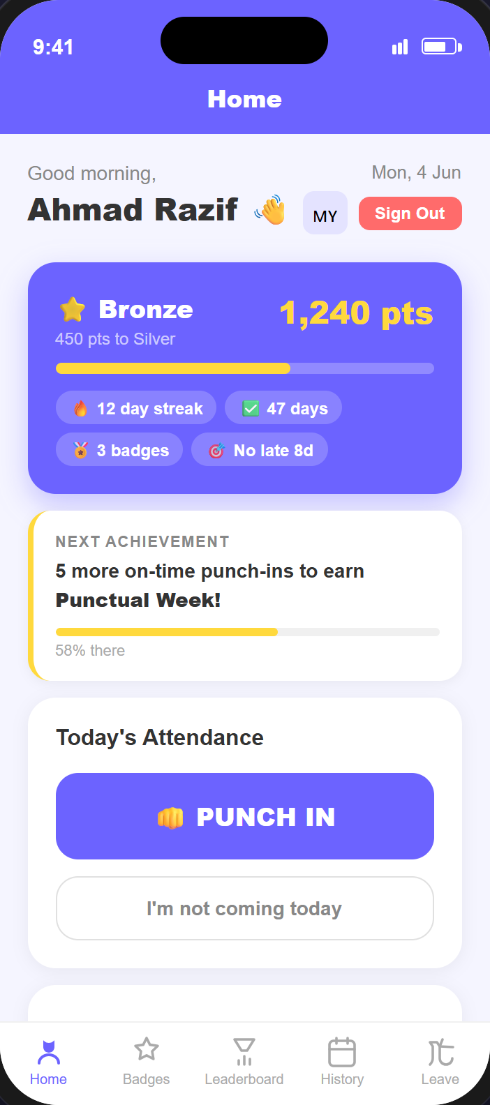 Punchual punch-in screen